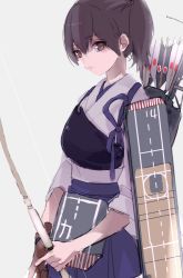 Rule 34 | 1girl, apron, bad id, bad pixiv id, bow (weapon), brown eyes, brown hair, closed mouth, commentary request, flight deck, gloves, hakama, hakama short skirt, hakama skirt, holding, holding bow (weapon), holding weapon, japanese clothes, kaga (kancolle), kantai collection, machinery, muneate, partially fingerless gloves, quiver, sezo (shizuku), side ponytail, skirt, solo, standing, tasuki, weapon, yumi (bow)