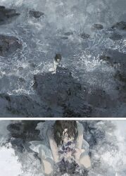 Rule 34 | 1girl, black hair, bug, butterfly, closed eyes, dress, from above, highres, insect, long hair, ocean, original, outdoors, rock, sitting, solo, water, wet, white dress, yinzinmiemie