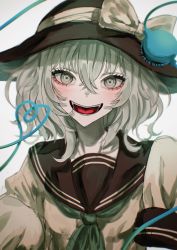 Rule 34 | 1girl, absurdres, black headwear, blush, bow, collarbone, commentary request, crazy smile, eyeball, eyelashes, flat chest, green eyes, green hair, green ribbon, hair between eyes, hat, hat bow, hat ribbon, heart, heart of string, highres, komeiji koishi, long sleeves, looking at viewer, lower teeth only, open mouth, ribbon, rin (rin7kan7), sailor collar, school uniform, serafuku, short hair, simple background, smile, standing, teeth, third eye, tongue, touhou, upper body, upper teeth only, white background, yellow bow, yellow ribbon, yellow serafuku