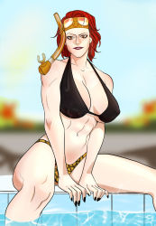Rule 34 | 1girl, abs, bikini, breasts, brown hair, diving mask, diving mask on head, eustass kid, female focus, genderswap, genderswap (mtf), goggles, goggles on head, highres, large breasts, lipstick, looking at viewer, makeup, muscular arms, one piece, pool, red hair, short hair, sky, solo, swimsuit