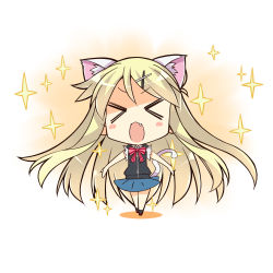 Rule 34 | &gt; &lt;, 1girl, animal ears, black legwear, black vest, blonde hair, blue skirt, blush, bow, bowtie, cat ears, cat tail, chibi, collared shirt, commentary request, facing viewer, fang, gia kon, gradient background, hair bun, hair ornament, hairclip, kemonomimi mode, kin-iro mosaic, kujou karen, long hair, open mouth, outstretched arms, pink bow, pink bowtie, red footwear, shadow, shirt, shoes, short sleeves, single hair bun, skirt, solo, sparkle, standing, striped bow, striped bowtie, striped clothes, striped neckwear, tail, torn clothes, torn sleeves, two-tone background, very long hair, vest, white shirt, wing collar, x hair ornament