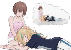 Rule 34 | 2girls, black shirt, blonde hair, blush, brown hair, camisole, closed eyes, closed mouth, collarbone, commentary, couple, english commentary, green hair, hand on another&#039;s head, highres, kouzuki mahiru, lap pillow, long hair, lying, multicolored hair, multiple girls, open mouth, pants, photo-referenced, pink camisole, reference inset, shirt, short hair, shorts, signature, streaked hair, white background, white pants, white shorts, xaber mix, yamanouchi kano, yoru no kurage wa oyogenai, yuri