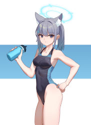 Rule 34 | 1girl, :o, absurdres, adjusting clothes, adjusting swimsuit, animal ear fluff, animal ears, bare arms, bare shoulders, black one-piece swimsuit, blue archive, blue background, blue eyes, bottle, breasts, collarbone, competition swimsuit, cowboy shot, cross hair ornament, doufu (pixiv9093484), grey hair, hair ornament, halo, highres, holding, holding bottle, looking at viewer, medium breasts, official alternate costume, one-piece swimsuit, parted lips, shiroko (blue archive), shiroko (swimsuit) (blue archive), short hair, short ponytail, sidelocks, solo, swimsuit, thighs, two-tone background, white background, wolf ears
