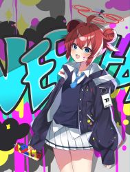 Rule 34 | 1girl, :d, ahoge, badge, blue archive, blue eyes, blue necktie, collared shirt, double bun, graffiti, hair bun, halo, head tilt, highres, holding, id card, jacket, light blush, long sleeves, looking at viewer, maki (blue archive), multicolored background, murase48, necktie, open mouth, paint on clothes, paint splatter, paint splatter on face, red hair, shirt, short hair, skirt, smile, smiley face, solo, spray can, spray paint, white shirt