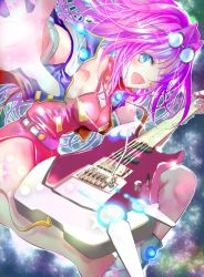 Rule 34 | 1girl, blue eyes, breasts, electric guitar, guitar, highres, instrument, leotard, macross, macross 7, medium breasts, mylene jenius, ogata tei, outstretched arm, pink hair, solo, sunglasses, thighs