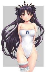 Rule 34 | 1girl, bad id, bad pixiv id, black hair, casual one-piece swimsuit, cleavage, dorobuton mannendoko, earrings, fate/grand order, fate (series), highleg, highleg swimsuit, highres, hoop earrings, ishtar (fate), ishtar (fate), jewelry, long hair, one-piece swimsuit, red eyes, smile, solo, standing, strapless, strapless one-piece swimsuit, swimsuit, thigh strap, tohsaka rin, twintails, two side up, white one-piece swimsuit