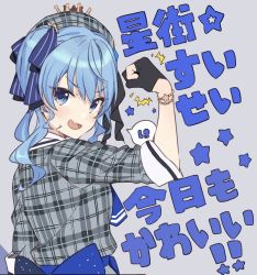 Rule 34 | 1girl, bad id, bad twitter id, beret, black gloves, black shirt, blue eyes, blue hair, blue neckwear, blue ribbon, character name, clenched hand, commentary, crown, gloves, grey background, grey hat, hair ornament, hair ribbon, hand up, hat, hololive, hoshimachi suisei, hoshimachi suisei (1st costume), idol clothes, looking at viewer, medium hair, one side up, open mouth, partially fingerless gloves, plaid, plaid headwear, plaid shirt, ribbon, round teeth, shirt, simple background, smile, solo, star (symbol), star hair ornament, star in eye, symbol in eye, teeth, teshima nari, translated, upper body, virtual youtuber