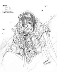 Rule 34 | 1boy, armor, breastplate, cape, character name, closed mouth, dated, closed eyes, greyscale, hands up, holding, holding sword, holding weapon, kazuki-mendou, tolkien&#039;s legendarium, male focus, monochrome, pauldrons, shoulder armor, signature, sitting, solo, sword, the silmarillion, turin, weapon