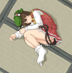 Rule 34 | 1girl, animal ears, brown hair, cat ears, cat tail, chagamaka, chen, closed eyes, dress, full body, green hat, hat, highres, lying, mob cap, multiple tails, nekomata, no shoes, on side, red dress, short hair, socks, solo, tail, tatami, touhou, two tails, white socks