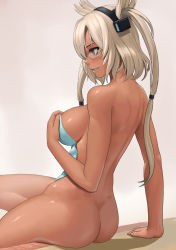 Rule 34 | 10s, 1girl, arm support, ass, back, blonde hair, breasts, covering privates, dark-skinned female, dark skin, from side, glasses, kantai collection, lasterk, medium breasts, musashi (kancolle), naked towel, nude, nude cover, parted lips, pointy hair, profile, semi-rimless eyewear, sitting, smile, solo, teeth, towel, twintails, under-rim eyewear, yellow-framed eyewear, yellow theme