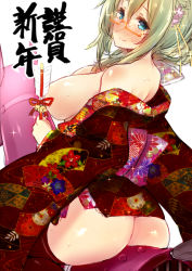 Rule 34 | 1girl, alternate costume, aqua eyes, arrow (projectile), ass, bad id, bad pixiv id, black thighhighs, blush, breasts, breasts out, clothes down, glasses, green hair, hair ribbon, inayama, japanese clothes, kimono, large breasts, light smile, long hair, looking at viewer, luis almeida (sengoku bushouki muramasa), new year, off shoulder, open clothes, open kimono, ribbon, semi-rimless eyewear, sengoku bushouki muramasa, solo, thighhighs