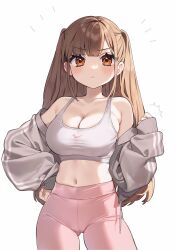 Rule 34 | 1girl, :&lt;, absurdres, bare shoulders, breasts, brown hair, cleavage, closed mouth, collarbone, cowboy shot, crop top, gluteal fold, grey jacket, hand on own hip, hand up, high-waist skirt, highres, jacket, kodama (sakura yuki), large breasts, long hair, long sleeves, looking at viewer, midriff, navel, off shoulder, open clothes, open jacket, orange eyes, original, pants, pink pants, sakura yuki (clochette), shirt, sidelocks, skirt, sleeveless, sleeveless shirt, solo, standing, stomach, taut clothes, taut shirt, track pants, two side up, v-shaped eyebrows, white background, white shirt
