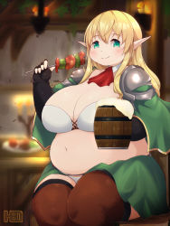 Rule 34 | 1girl, aqua eyes, armor, artist name, black gloves, blonde hair, blush, borrowed character, bra, breasts, brown thighhighs, candle, candlestand, character request, cleavage, closed mouth, commentary request, commission, copyright request, detached collar, dot nose, drink, elf, fat, feet out of frame, fingerless gloves, food, gloves, hair between eyes, heo (tkgm), highres, holding, holding drink, holding food, huge breasts, large breasts, long hair, looking at viewer, navel, panties, pointy ears, shoulder armor, sidelocks, sitting, skeb commission, skewer, solo, tankard, tareme, thick thighs, thighhighs, thighs, underwear, white bra, white panties