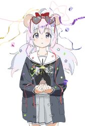 Rule 34 | 1girl, ahoge, animal ears, beads, black coat, black neckerchief, blue archive, blush, coat, confetti, cowboy shot, cupcake, eyewear on head, fake animal ears, fireworks, food, gomibako (gomibako price), grey shirt, grey skirt, hair beads, hair ornament, heart, heart-shaped eyewear, highres, holding, holding food, long hair, looking at viewer, low twintails, multicolored hair, neckerchief, open clothes, open coat, parted lips, party, pleated skirt, purple eyes, reisa (blue archive), sailor collar, school uniform, serafuku, shirt, simple background, skirt, solo, sparkler, star (symbol), star hair ornament, streamers, sunglasses, tareme, twintails, two-tone hair, white background, white sailor collar