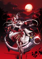Rule 34 | 1girl, absurdres, bell, blood, bow, braid, cape, cloud, floral print, full moon, highres, hood, huge weapon, japanese clothes, kushinada nemuru, long hair, moon, night, official art, ookamikakushi, red eyes, red moon, red sky, ribbon, sandals, scythe, silver hair, sky, solo, watanabe atsuko, weapon