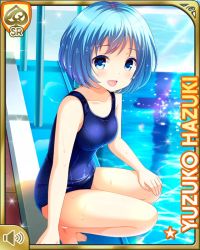 Rule 34 | 1girl, bare arms, bare legs, barefoot, black one-piece swimsuit, blue eyes, blue hair, card, character name, competition swimsuit, day, girlfriend (kari), hazuki yuzuko, official art, one-piece swimsuit, open mouth, outdoors, pool, poolside, qp:flapper, short hair, sitting, smile, solo, swimsuit, tagme, water