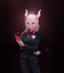 Rule 34 | 1girl, arms under breasts, bad id, bad pixiv id, black jacket, black necktie, black pants, black suit, black tail, blunt bangs, business suit, clenched hand, closed mouth, collared shirt, commentary, cowboy hat, cup, curled horns, dark background, demon girl, demon horns, demon tail, diadem, drinking glass, english commentary, expressionless, formal, goat horns, hat, helltaker, holding, holding cup, horns, jacket, lapel pin, long hair, long sleeves, lucifer (helltaker), mole, mole under eye, necktie, pants, red eyes, red shirt, shirt, sidelocks, skirt, skirt set, solo, sparkle, suit, suit jacket, tail, white hair, white horns, wine glass, wing collar, wolflower