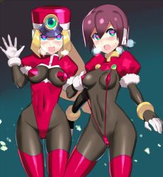 Rule 34 | 2girls, aile (mega man zx), alternate costume, bikini, blonde hair, blue eyes, blush, bodysuit, breasts, breath, brown hair, cameltoe, covered navel, gloves, green eyes, hat, heart, heart-shaped pupils, heart pasties, heavy breathing, layered sleeves, leotard, long hair, long sleeves, looking at viewer, medium breasts, mega man (series), mega man zx, micro bikini, multicolored clothes, multicolored gloves, multiple girls, navel, open mouth, pasties, prairie (mega man), puffy short sleeves, puffy sleeves, pussy juice, pussy juice drip, robot ears, shako cap, short hair, short over long sleeves, short sleeves, slingshot swimsuit, small breasts, smile, spandex, steam, string bikini, sweat, swimsuit, symbol-shaped pupils, thighhighs, ukimukai, white gloves, wide hips