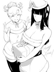 Rule 34 | 2girls, antlers, black eyes, black hair, blunt bangs, breasts, cleavage, commentary, commentary request, detached collar, dress, english commentary, eyebrows, fake horns, gift, greyscale, hat, highres, horns, long hair, looking to the side, lynus, monochrome, multiple girls, necktie, original, reindeer antlers, ribbon, santa costume, santa hat, short dress, simple background, smile, thighhighs