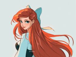 1girl ariel_(disney) blue_bow blue_eyes bow closed_mouth commentary eyelashes floating_hair hair_bow itslopezz long_hair long_sleeves looking_back red_hair simple_background smile solo swept_bangs symbol-only_commentary the_little_mermaid twitter_username