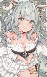 Rule 34 | 1girl, animal ears, artist request, baby penguin, bird, blush, breasts, calico, cat girl, choker, cleavage, corset, dress, earrings, facial mark, final fantasy, final fantasy xiv, frilled dress, frills, grey eyes, jewelry, large breasts, long hair, looking at viewer, miqo&#039;te, mole, mole under eye, neck ring, penguin, silver hair, sitting, smile, solo, thigh strap, whisker markings, white dress