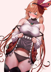 Rule 34 | 1girl, amano don, aqua eyes, bad id, bad pixiv id, bare shoulders, black panties, black thighhighs, blush, breasts, clarisse (granblue fantasy), clarisse (valentine) (granblue fantasy), closed mouth, clothes lift, detached sleeves, granblue fantasy, hair ribbon, highres, large breasts, long hair, looking at viewer, low twintails, navel, orange hair, panties, red skirt, ribbon, shirt, skirt, skirt lift, sleeveless, sleeveless shirt, swept bangs, thighhighs, thighs, twintails, underwear, white shirt