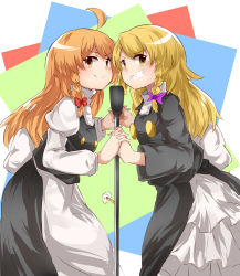 Rule 34 | 2girls, absurdres, ahoge, apron, black coat, black skirt, black vest, blonde hair, blush, bow, braid, brown eyes, buttons, closed mouth, coat, commentary request, cookie (touhou), cowboy shot, grin, hair bow, highres, holding hands, interlocked fingers, juliet sleeves, kirisame marisa, koga (cookie), light brown hair, long hair, long sleeves, microphone, multiple girls, no headwear, puffy sleeves, purple bow, rei (cookie), shirt, side braid, single braid, skirt, smile, split mouth, touhou, turtleneck, vest, waist apron, white apron, white background, white shirt, yumekamaborosh