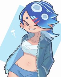 Rule 34 | +++, 1girl, alternate breast size, alternate costume, aqua jacket, blue background, blue hair, blue shorts, blush, breasts, chest sarashi, collarbone, commentary request, cowboy shot, earrings, grin, groin, hair ornament, hair over one eye, hairclip, hands in pockets, hekoningyou (waraningyou), highres, jacket, jewelry, large breasts, long hair, lowleg, lowleg shorts, midriff, multiple earrings, navel, nintendo, octoling, one eye closed, open clothes, open jacket, red eyes, sarashi, shiver (splatoon), short eyebrows, shorts, smile, solo, splatoon (series), splatoon 3, suction cups, swept bangs, tentacle hair, two-tone background, white background, zipper