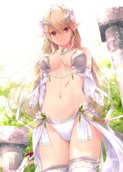 Rule 34 | 1girl, armor, blonde hair, bow, breasts, earrings, elf, female focus, jewelry, large breasts, long hair, looking at viewer, medium breasts, nipples, outdoors, pointy ears, red eyes, solo, standing, upper body, warrior, weapon