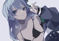 absurdres bikini black_bikini blue_eyes blue_hair blue_jacket closed_mouth collarbone earrings green_ribbon grey_background grey_nails hair_ribbon highres hololive hoshimachi_suisei jacket jewelry long_hair long_sleeves looking_at_viewer minmin2563 nail_polish open_clothes open_jacket ribbon simple_background swimsuit virtual_youtuber