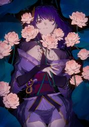 Rule 34 | 1girl, absurdres, commentary request, facing viewer, flower, genshin impact, highres, japanese clothes, kimono, looking at viewer, parted lips, purple eyes, purple hair, purple kimono, raiden shogun, solo, wading, yagita (astronomie)