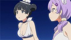 Rule 34 | 2girls, @ @, animated, animated gif, black hair, blunt bangs, breasts, choker, cleavage, double bun, earrings, gloves, hair bun, hair ornament, hat, houkago no pleiades, jewelry, lowres, magical girl, multiple girls, pleiadean, purple hair, twintails, white gloves