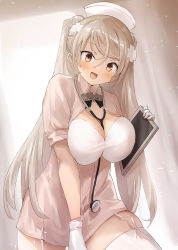 Rule 34 | 1girl, between breasts, blush, breasts, brown eyes, conte di cavour (kancolle), cowboy shot, garter straps, gloves, grey hair, hat, holding, kantai collection, large breasts, long hair, nurse, nurse cap, open mouth, short sleeves, smile, solo, stethoscope, thighhighs, toka (marchlizard), two side up, white gloves, white hat, white thighhighs