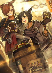 Rule 34 | 1boy, 1girl, alcohol, animal ears, warrior of light (ff14), barrel, beer, black hair, brown eyes, brown hair, cat ears, cat tail, cloak, cup, drunk, facial hair, facial mark, final fantasy, final fantasy xiv, fingerless gloves, foam, food, g&#039;raha tia, gloves, hide (hideout), highres, holding, holding cup, miqo&#039;te, neck tattoo, open mouth, red eyes, short hair, tail, tankard, tattoo, tavern, whisker markings
