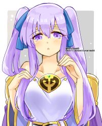 Rule 34 | 1girl, alternate hairstyle, bare shoulders, breasts, circlet, fire emblem, fire emblem: genealogy of the holy war, julia (fire emblem), long hair, medium breasts, nintendo, open mouth, purple eyes, purple hair, sash, simple background, solo, twintails, wide sleeves, yukia (firstaid0)