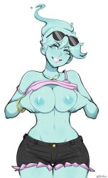 Rule 34 | 1girl, afrobull, bare shoulders, black shorts, blouse, blue eyes, blue hair, blue skin, blush, bracelet, breasts squeezed together, breasts, camisole, camisole lift, clothes lift, colored skin, commentary, cowboy shot, denim, denim shorts, english commentary, eyewear on head, ghost, head tilt, highres, jewelry, lipstick, looking at viewer, makeup, monster prom, narrow waist, navel, necklace, nipples, pink camisole, pink lips, pink shirt, polly geist, shirt, shirt lift, short shorts, shorts, signature, simple background, smile, solo, standing, strap slip, sunglasses, thigh gap, white background
