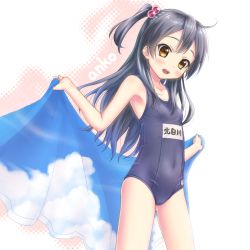 Rule 34 | 10s, 1girl, :d, bad id, bad pixiv id, black hair, blush, brown eyes, gotou hisashi, hair bobbles, hair ornament, highres, kitashirakawa anko, long hair, name tag, one-piece swimsuit, one side up, open mouth, school swimsuit, side ponytail, smile, standing, swimsuit, tamako market, towel