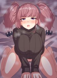 Rule 34 | 1girl, atlanta (kancolle), black hat, black pubic hair, black skirt, black sweater, blush, bottomless, breasts, breath, brown hair, buttons, collared shirt, earrings, female pubic hair, from above, garrison cap, garukichi, gloves, grey background, grey eyes, hat, highres, jewelry, kantai collection, large breasts, long hair, long sleeves, looking at viewer, on bed, open mouth, partially fingerless gloves, pubic hair, shirt, simple background, single earring, skirt, solo, star (symbol), star earrings, suspender skirt, suspenders, sweater, two side up