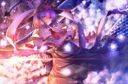 Rule 34 | 1girl, ascot, cloud, dragon, eastern dragon, energy ball, female focus, hat, hat ribbon, nagae iku, outstretched arms, purple hair, red eyes, ribbon, ryosios, shaded face, shirt, short hair, skirt, sky, smile, solo, star (sky), touhou