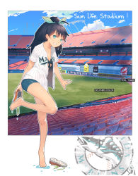 Rule 34 | 1girl, bad id, bad pixiv id, bare legs, barefoot, baseball, baseball jersey, bikini, bikini top only, black hair, blue eyes, bow, clothes writing, collarbone, ekao, feet, florida marlins, front-tie top, full body, ganaha hibiki, grin, hair bow, highres, idolmaster, idolmaster (classic), jersey, long hair, major league baseball, open clothes, open shirt, ponytail, shirt, shoes, short sleeves, shorts, smile, sneakers, solo, stadium, standing, standing on one leg, swimsuit, united states, unworn shoes, wet