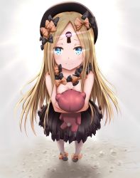 Rule 34 | 1girl, abigail williams (fate), ashfair, black bow, black footwear, black hat, black skirt, blonde hair, blue eyes, bow, breasts, bug, butterfly, eyes visible through hair, fate/grand order, fate (series), forehead, foreshortening, full body, glowing, hat, highres, holding, holding stuffed toy, hugging object, insect, keyhole, long hair, looking at viewer, orange bow, polka dot, polka dot bow, skirt, solo, standing, stuffed animal, stuffed toy, teddy bear, topless, very long hair, white legwear