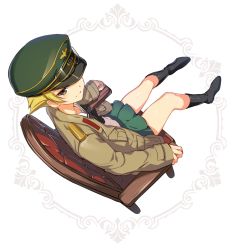 Rule 34 | 10s, 1girl, blonde hair, boots, bow, brown eyes, chair, erwin (girls und panzer), full body, girls und panzer, goggles, goggles on headwear, green skirt, hat, hat over one eye, highres, icomochi, jacket, long sleeves, looking at viewer, military, military uniform, ooarai school uniform, peaked cap, pleated skirt, school uniform, serafuku, shiny clothes, short hair, sitting, skirt, smile, solo, uniform