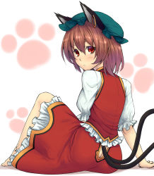 Rule 34 | 1girl, :&lt;, animal ears, arm support, ass, ass cutout, barefoot, brown hair, butt crack, cat ears, cat girl, cat tail, chen, clothing cutout, earrings, face, female focus, from behind, gradient hair, hat, hiroya juuren, jewelry, looking back, multicolored hair, multiple tails, nekomata, paw print, red eyes, short hair, sitting, solo, tail, tail through clothes, touhou