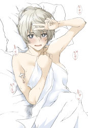 Rule 34 | 1girl, arm up, bed sheet, blue eyes, blush, bright pupils, commentary, elf (stroll in the woods), from above, girls und panzer, highres, looking at viewer, lying, naked sheet, on back, on bed, open mouth, pillow, short hair, silver hair, smile, solo, sweat, translated, v, white pupils, youko (girls und panzer)