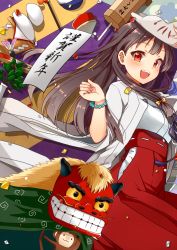 Rule 34 | 1girl, :d, bad id, bad pixiv id, bead bracelet, beads, black hair, blush, bracelet, fox mask, highres, japanese clothes, jewelry, long hair, looking at viewer, mask, miko, monkey, open mouth, original, red eyes, smile, solo, tarachine, teeth
