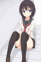 Rule 34 | 1girl, black hair, black thighhighs, blue eyes, breasts, hair ornament, hairclip, huwari (dnwls3010), looking at viewer, md5 mismatch, original, resized, resolution mismatch, school uniform, small breasts, smile, solo, source larger, thighhighs