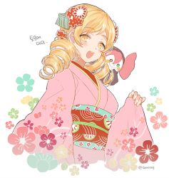 Rule 34 | 10s, 1girl, alternate costume, bad id, bad twitter id, blonde hair, blush stickers, character name, charlotte (madoka magica), commentary request, drill hair, female focus, floral background, floral print, flower, hair ornament, japanese clothes, kanzashi, kimono, looking at viewer, mahou shoujo madoka magica, mahou shoujo madoka magica (anime), obi, on shoulder, open mouth, sash, simple background, sleeves past wrists, smile, solo, tomoe mami, twin drills, twintails, twitter username, upper body, white background, wide sleeves, yellow eyes, yooroongoo