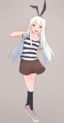 Rule 34 | 1girl, alternate costume, black hairband, black socks, blonde hair, brown background, brown eyes, brown skirt, casual, hairband, highres, kantai collection, kneehighs, long hair, looking to the side, open mouth, sakieko, shimakaze (kancolle), shoes, short sleeves, simple background, skirt, sneakers, socks, solo, standing, striped clothes, striped skirt