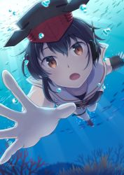 Rule 34 | 1girl, :o, asymmetrical hair, black hair, breasts, brown eyes, brown neckerchief, bubble, coral, crop top, fish, hair between eyes, headphones, i-14 (kancolle), kantai collection, looking at viewer, nao (nao eg), neckerchief, ocean, reaching, reaching towards viewer, sailor collar, school swimsuit, short hair, small breasts, swimming, swimsuit, thigh strap, underwater