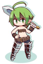 Rule 34 | 1girl, armored boots, bare shoulders, belt, belt bra, belt buckle, bike shorts, blue shorts, blue thighhighs, blush, boots, brown belt, buckle, chibi, closed mouth, collarbone, commentary request, disgaea, female warrior (disgaea), full body, green eyes, green hair, hair between eyes, hand on own hip, hand up, highres, holding, holding sword, holding weapon, knee boots, looking at viewer, makai senki disgaea, naga u, navel, shadow, short shorts, shorts, solo, standing, sword, thighhighs, thighhighs under boots, weapon, white background